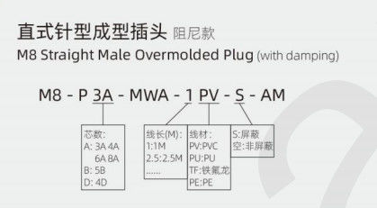 Industrial M8 Straight Male Plug with Damping 3 / 4 / 6 / 8A 4D 5B IP67